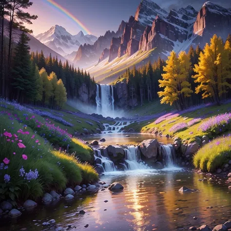 Purple flowers，moutains，the woods，small stream，waterfallr，rainbowing，the setting sun