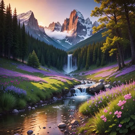 Purple flowers，moutains，the woods，small stream，waterfallr，rainbowing，the setting sun