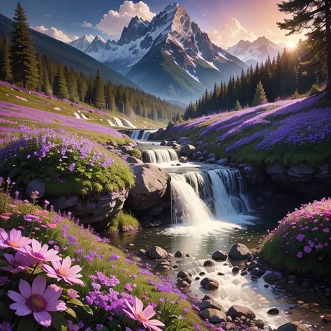 Purple flowers，moutains，the woods，small stream，waterfallr，rainbowing，the setting sun