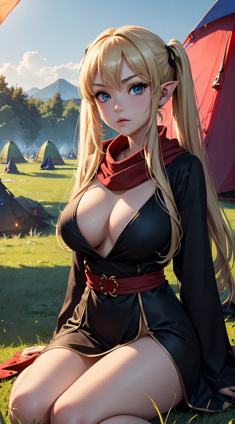 top-quality、Top image quality、​masterpiece、An elf girl((18year old、Best Bust、big bast,Beautiful blue eyes、Breasts wide open, Blonde twintails、A slender,Large valleys、Reflecting the whole body、red scarf、Clothes in black robes、Physical education sitting)）hiq...