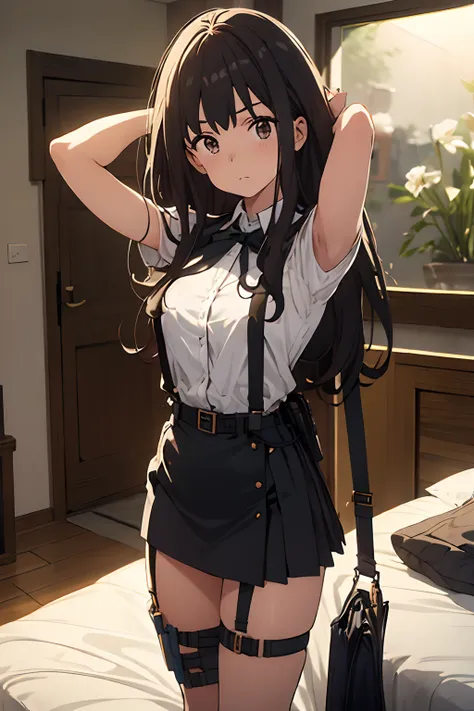 ​masterpiece、flat-colors、depth of fields、lens flare 1 girl、、Brown hair、watching at viewers　　　black suspenders　　　Bulging big breasts　　　 　 Armpit sweat　perspiring　Side of both hands　　walls: 　Black miniskirt　garters　　　　　　Gaze　　　Small face　bangss 　flank　　　　hol...