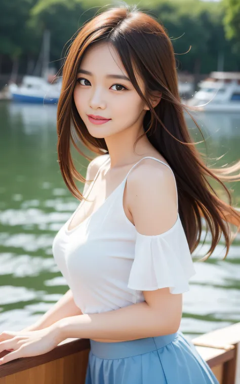 ((Best quality, 8K, masutepiece: 1.3)), (Sharp focus: 1.2), Quaint lakeside village，There are colorful rowing boats on the shore, 1 girl, full bodyesbian, stunning elegant pose，Neat and clean beauty, 20 years old, Half Japanese and half American, looks awa...