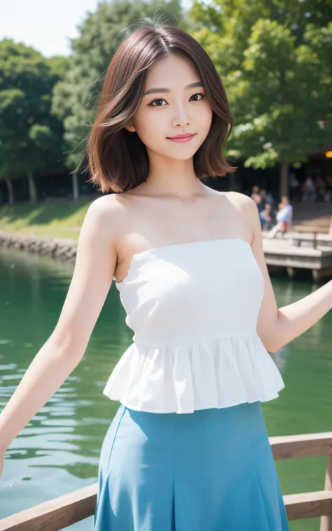 ((Best quality, 8K, masutepiece: 1.3)), (Sharp focus: 1.2), Quaint lakeside village，There are colorful rowing boats on the shore, 1 girl, full bodyesbian, stunning elegant pose，Neat and clean beauty, 20 years old, Half Japanese and half American, looks awa...