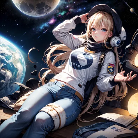 Best Quality, High resolution, distinct image, Concept art, nigh sky, Stars, Moon, girl, Smile, hair, Eyes, Mouth, Hands, Feet, Clothing, jeans, T-shirt, scarf, hat, spaces, Spaceship, space suits, space astronaut, planet, Galaxy, Beautiful, Cute, Cozy, na...