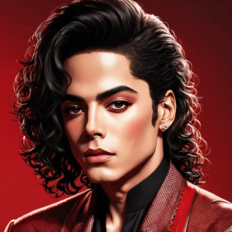 Michael Jackson, with a very beautiful face, there is no hair on his face just the skin on his face, curved eyebrows, with a hole in his chin, thin nose, half angled half oval face, long curly black hair, in red and black checkered outfit, cinematic style.