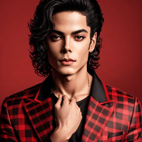 Michael Jackson, with a very beautiful face, there is no hair on his face just the skin on his face, curved eyebrows, with a hole in his chin, thin nose, half angled half oval face, long curly black hair, in red and black checkered outfit, cinematic style.