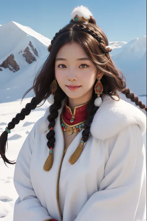 A girl, long braids, Tibetan girl, close-up, slightly raised head, smile, bust photo, upper body, Tibetan clothing, clothes with fluff, white flut, high-end Tibetan clothing, cumbersome Tibetan clothing design, cold clothing, winter clothing, appearance Ya...