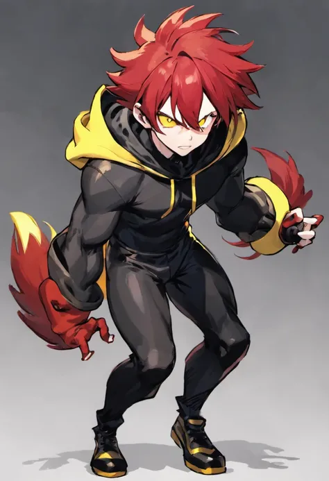 1 male human、Red-haired、Huge ass、black rubber suit、yellow  eyes、short-haired、wide hips、Mokkori、Skunk ears、Skunk tail、tuxedo、Yellow hoodie、Shota、shoun