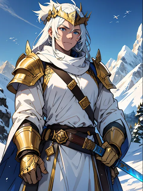 A soldier，Heavy armor，A heavy golden two-handed sword，Majestic palace on snow-capped mountains in the background