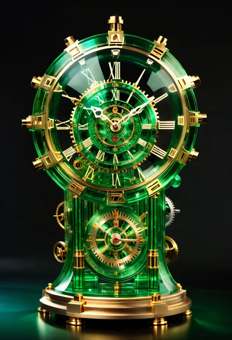 (Formed by colored glazes:1.2), Real, (in a panoramic view:1.3), (Transparency:1.6),(Transparent material:1.6), crystal material, No impurities, National Treasure Rank, (Emerald green:1.2),The tech clock of the future,((Masterpiece)),A clock of the future ...