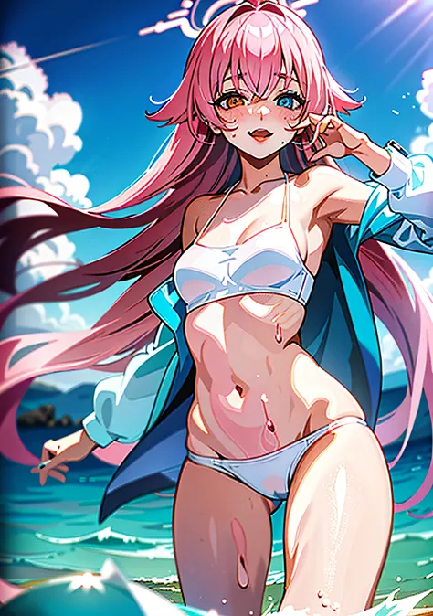 Wet white bikini, Pink hair, Showing skin, nabel, thighs thighs thighs thighs, Open mouth, Arched back, Blushing, from the rear, Lori, Kissing face, Rough breathing, Tongue out