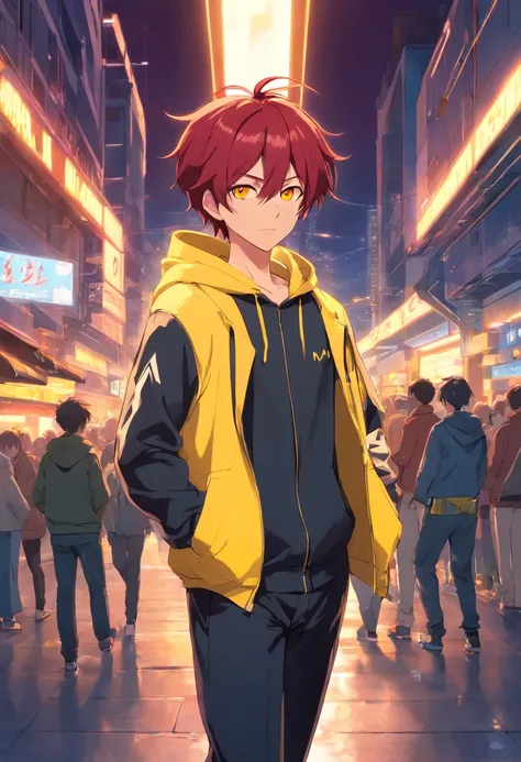 1 male human、Red-haired、Huge ass、black rubber suit、yellow  eyes、short-haired、wide hips、Mokkori、Skunk ears、Skunk tail、tuxedo、Yellow hoodie、Shota、shoun、Yellow smoke