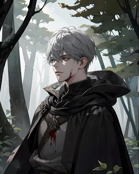 1male, beautiful, grey hair, black eyes, detailed eyes, black cloak, dark sorcerer, rogue mage, alone in a dark forest, depresse...