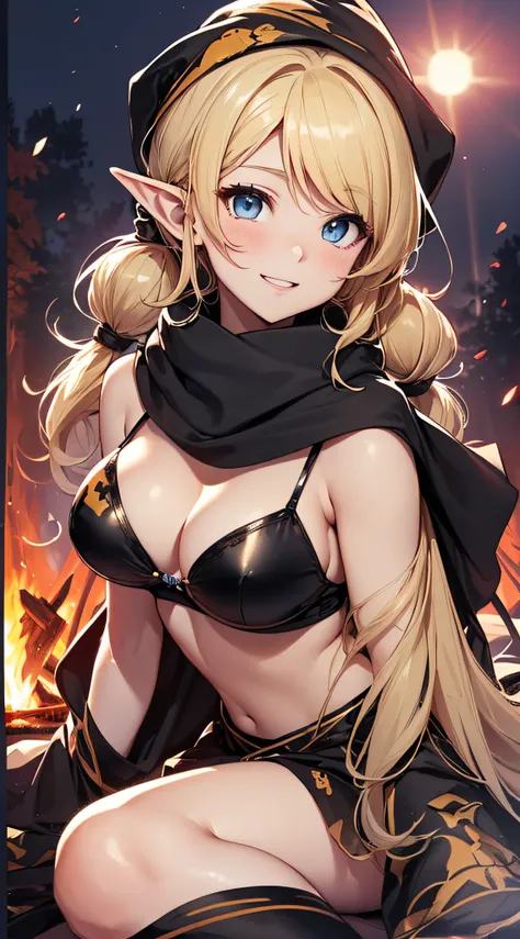 top-quality、Top image quality、​masterpiece、An elf girl((18year old、Best Bust、big bast,Beautiful blue eyes、Breasts wide open, Blonde twintails、A slender,Large valleys、Reflecting the whole body、red scarf、Clothes in black robes、Physical education sitting、Laug...