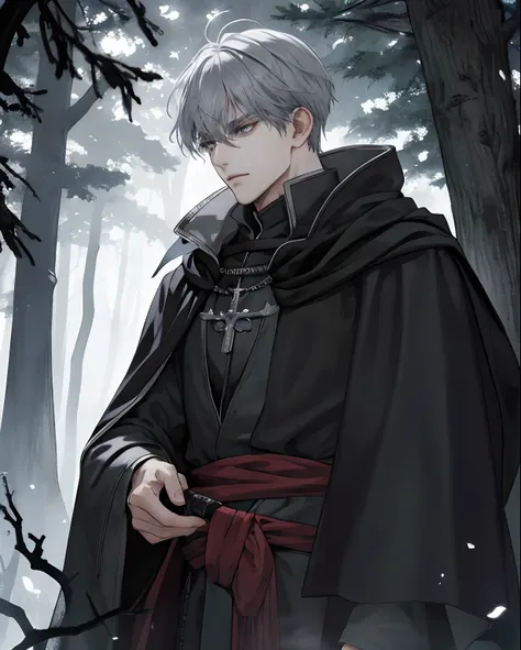 1male, adult, beautiful, grey hair, black eyes, detailed eyes, black cloak, dark sorcerer, rogue mage, alone in a dark forest, d...