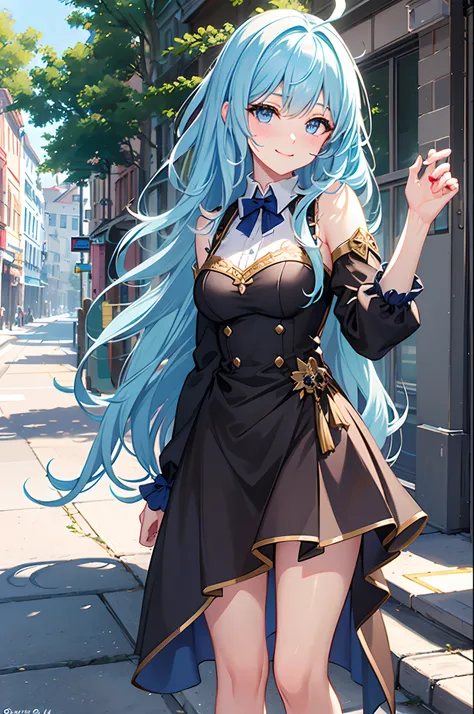 ( Extremely detailed CG Unity 8k wallpaper), pastel,  cel shading, school uniform, jewelry eyes, odd eyes, blush, smirk, seductive smile, portrait of girl, adorable girl, adorable face, granblue fantasy, in the street, Blue hair, plenty of clothes, long ha...