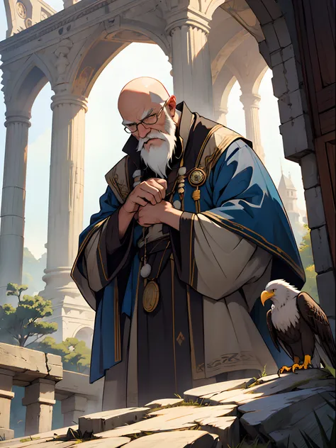 an old mage，white beard，knowledgeable old man，a bald eagle fell on his hand，on the tower