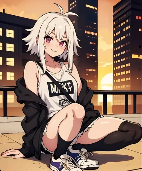 1girl, adult, white hair, messy hair, black short vest, black ripped shorty with strings, black long socks, converse shoes, big white lofi jacket, lo-fi, casual, big city background, looking you, smile, blush, golden hour, sunset, rebel, cyberpunk, illustr...