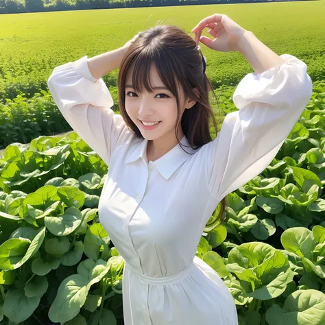 (((Best Quality, masutepiece, 超A high resolution、The most complex and detailed depictions)))、((1人の女性、Standing in a lettuce field、Laughing with lettuce、Perfect lettuce patch、Perfect lettuce))、Perfect camera-looking smile、A lot of lettuce is growing in the f...