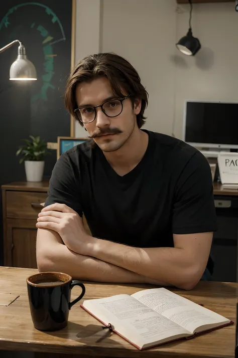 un homme jeune avec des lunette de couleur or, cheveux bouclés, une petite moustache, et de la barde sur le menton, assis derrière un bureau en bois, les deux mains posées sur le bureau en regardant la caméra, sur le bureau ce trouve une trousse un cahier,...