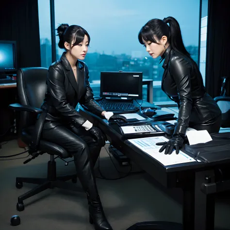 Wearing a black business pantsuit, Office in the Dark, With the fingertips of the black leather gloves of both hands while looking at the screen、Tapping the keys on the keyboard of a black laptop on a desk,Sitting on a large chair with a black leather back...