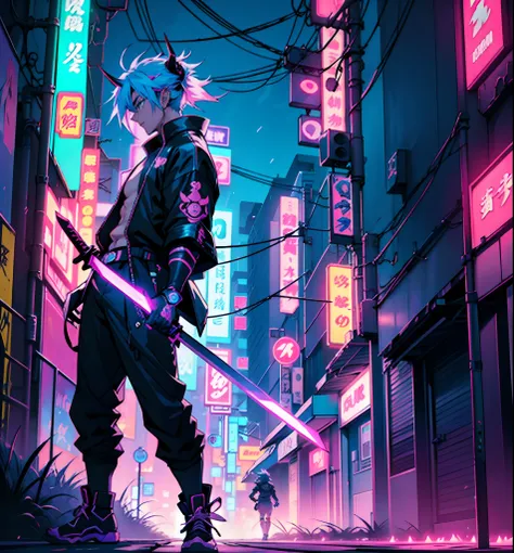 Anime guy with neon hair and horns holding a sword in front of the city, Neon Samurai, hero pose colorful city lighting, an epic anime of a energy man, trigger anime artstyle, neonpunk, stylized neon, profile picture 1024px, Neon city in the background, ne...