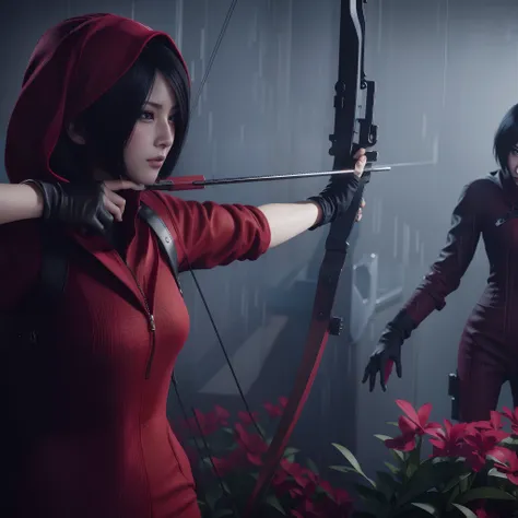 Ada wong, beautiful face, bob hair, perfect Face, wearing mini red dress hoody, wearing hoody, black nail polish, little smile, Embarrassed expression