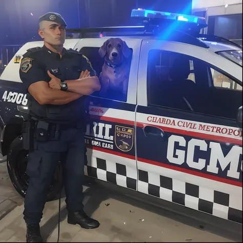 Arafed policeman next to a police car with a dog, by Germán Londoño, by Julio González, not cropped, hybrid of pig and nyc policeman, soprar, Directed by: Manuel Ortiz de Zarate, military police, by Gina Pellón, 658923803, goodlooking