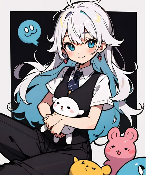 1girl, adult, white long hair, messy hair, black short vest, black strings, black earrings, illustration, aesthetic, korean style, cute smile, high quality, blush, masterpiece, pop, candy, hot