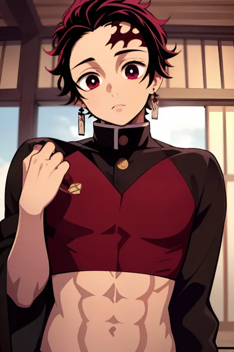 masterpiece, best quality, high quality, 1boy, solo, male focus, looking at viewer, upper body, kamado_tanjirou,6 packs