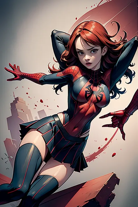 Daniel Panabaker、Sticking out the navel、newyork、She wears a torn Spider-Man suit,wearing skirt、 Red and black color scheme,Dynamic、​masterpiece、top-quality、ultra-detailliert、ighly detailed、beautiful detailed brilliance、超A high resolution