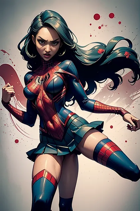 Candice Patton、Sticking out the navel、newyork、She wears a torn Spider-Man suit,wearing skirt、 Red and black color scheme,Dynamic、​masterpiece、top-quality、ultra-detailliert、ighly detailed、beautiful detailed brilliance、超A high resolution