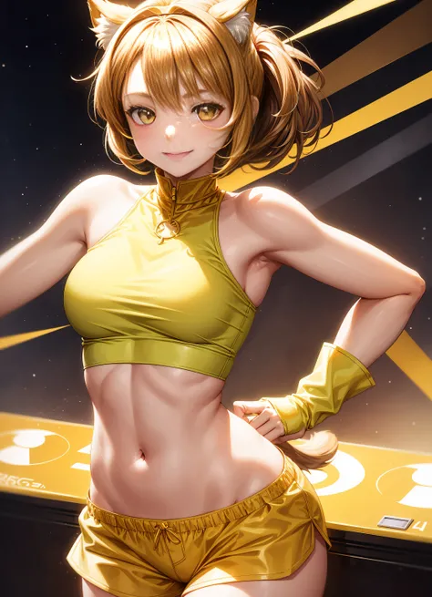 Young Girl, short brown hair, High Ponytail, Heterochromia, Green and yellow eyes, Smile, Cat ears, Yellow tight sleeveless uniform, Tight shorts, diadems, Gold Element, she-ra, masutepiece, hiquality, 4K, hard disk, good detail