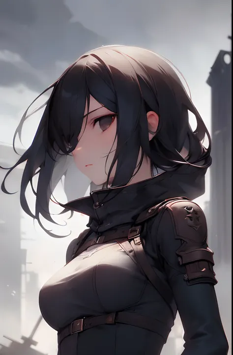 masterpiece,best quality,1girl,original character,sky,gloomy,Combat posture,sinister gang,butyric,Minimalism,Impact art,ruins,black eyes,close up