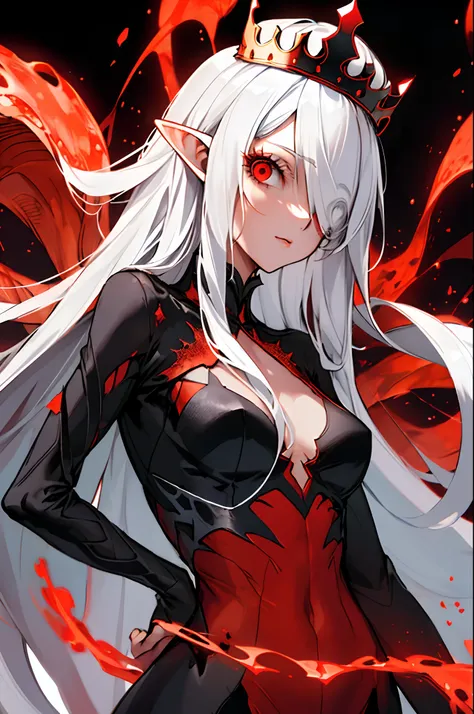 masterpiece, best quality, ultra-detailed, absurdres, colorful, 1girl, solo, (solid red eyes:1.0), (white hair, long hair, straight hair, hair over one eye:1.0), detailed eyes, wide-eyed, eyelashes, (upper body:0.8), monster girl, side view, glowing eyes, ...