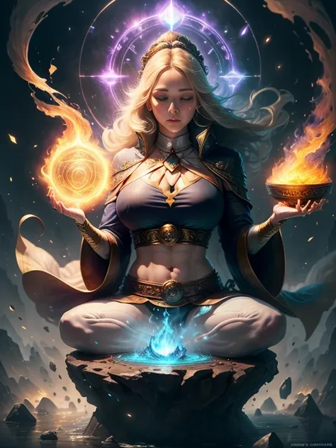 Immortal Goddess, Super beautiful, 8K, Super big breasts, A meditative, Bright white cloth covering parts of her body, Sitting cross-legged, A golden glowing magic circle spinning behind her, The aura of magic surrounding her parts, Magical, Fantasy, Milky...