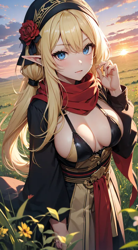 top-quality、Top image quality、​masterpiece、An elf girl((18year old、Best Bust、big bast,Beautiful blue eyes、Breasts wide open, Blonde twintails、A slender,Large valleys、red scarf、Clothes in black robes、Reach out your right hand、Put your left hand on your ches...