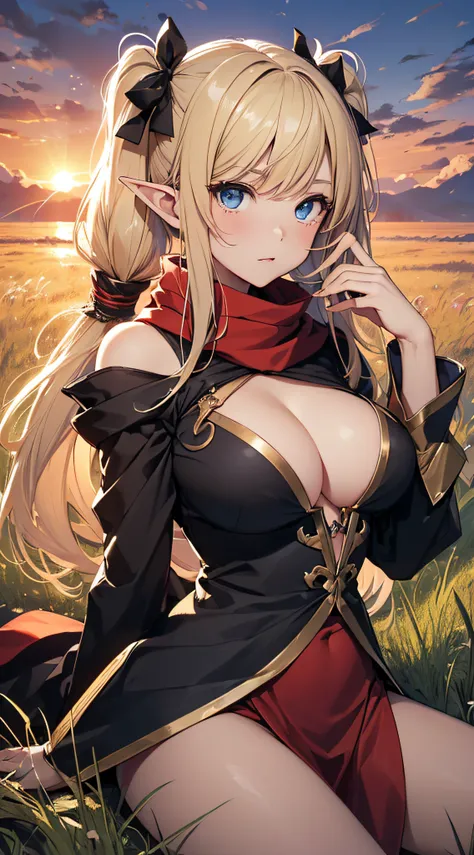 top-quality、Top image quality、​masterpiece、An elf girl((18year old、Best Bust、big bast,Beautiful blue eyes、Breasts wide open, Blonde twintails、A slender,Large valleys、red scarf、Clothes in black robes、Reach out your right hand、Put your left hand on your ches...