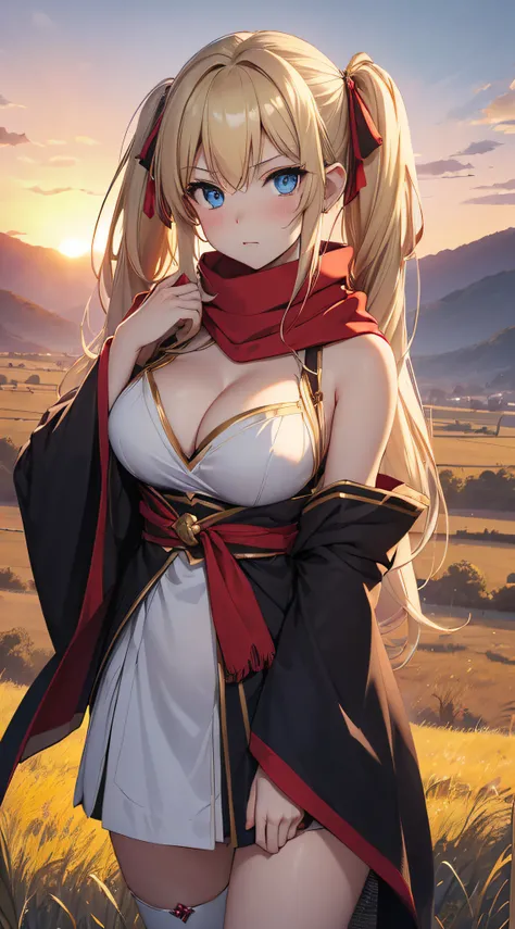 top-quality、Top image quality、​masterpiece、An elf girl((18year old、Best Bust、big bast,Beautiful blue eyes、Breasts wide open, Blonde twintails、A slender,Large valleys、red scarf、Clothes in black robes、Extend your right hand、Put your left hand on your chest)）...