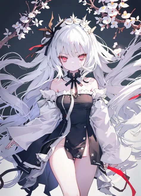 1girll, 独奏， red eyes，white haired god，long grey hair，head gear，best shadow, shallowdepthoffield, stunningly beautiful girl, peti...