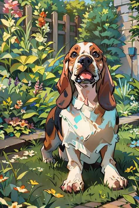 Basset hound in the garden. feliz