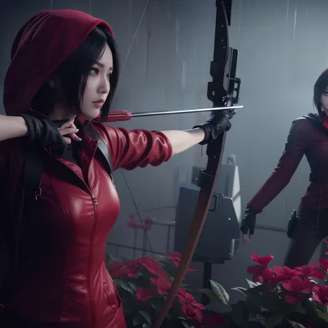 Ada wong, beautiful face, bob hair, perfect Face, wearing mini red dress hoody, wearing hoody, black nail polish, Aiming expression, glare