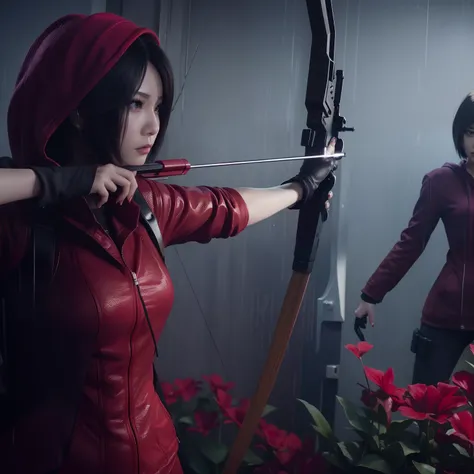 Ada wong, beautiful face, bob hair, perfect Face, wearing mini red dress hoody, wearing hoody, black nail polish, Aiming expression, glare