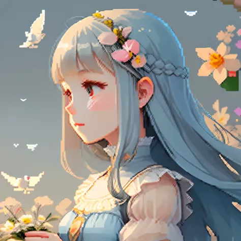 Pale light blue antique dress、Beige long-haired girl、Blunt bangs、profile、Pixel art、Pixel Art Illustration、pixels、Plain background、Upper body 、For icons、pixels_Art Book,Composition centered on the face、Straight face、Floral hair ornament、pixels、Game-style il...