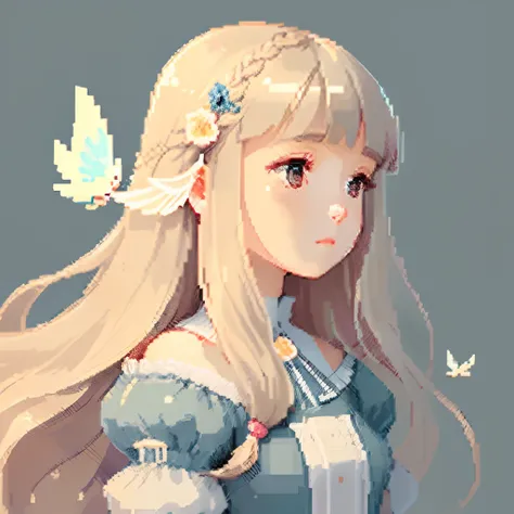 Pale light blue antique dress、Beige long-haired girl、Blunt bangs、profile、Pixel art、Pixel Art Illustration、pixels、Plain background、Upper body 、For icons、pixels_Art Book,Composition centered on the face、Straight face、Floral hair ornament、pixels、Game-style il...