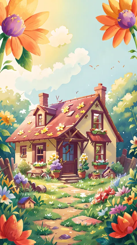 Watercolour. the background is a beautiful and cozy country house, garden with flowers, sunny, perfect quality, (mess-house: 0.8), (masterpiece: 1.2) (Realistic: 1.2) (Bokeh) (Best quality)  (Intricate details) (8K) (Detail eyes) (Sharp focus),