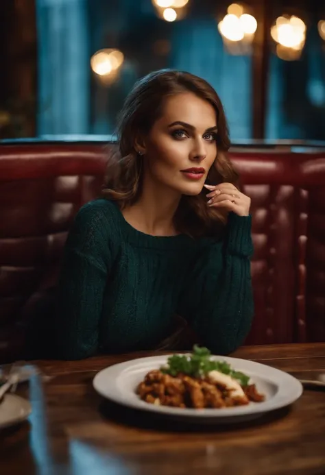 A 30 years old eastern European woman wearing sweater, jeans and high heels and makeup and munching on a single rib in a restaurant with satisfaction in her eyes. She is holding it with both hands. Her body is fully visible in the photo.