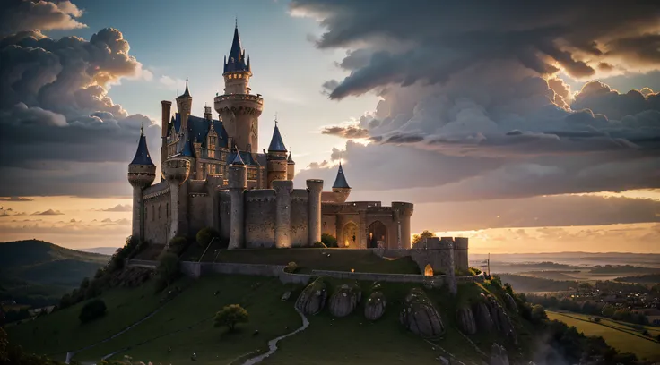 Imagine a fantasy landscape, with towering castles and mythical creatures. The scene is shot in a cinematic style, with the majestic castles and fantastical creatures providing a magical backdrop. The image is taken with a high-resolution camera, capturing...