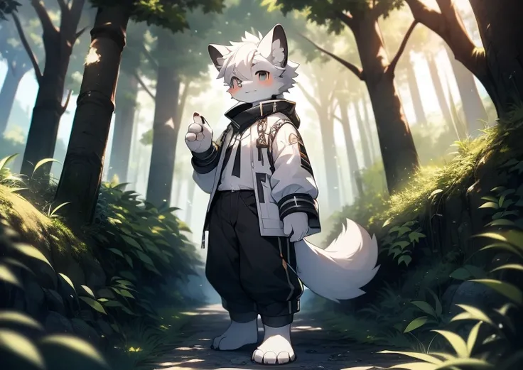 Libido boy，furry wolf，((Shota)), Black and white hair, Very good figure, Handsome，adolable, Light：Extreme light and shadow, Reflective skin,Reddish skin，((worn-out clothing，Commoner)) ，((Deep in the forest，Stone path，Signs，独奏，solo person))，Outdoor sunset，(...