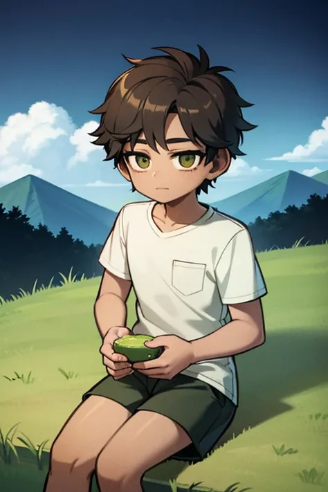 A young brown-skinned boy looks up at the night stars. He has short black hair and wears a green shirt and grey shorts. The background is grass with mountains behind him, with the stars shining, at nighttime. It is nighttime, and the boy is brown-skinned w...